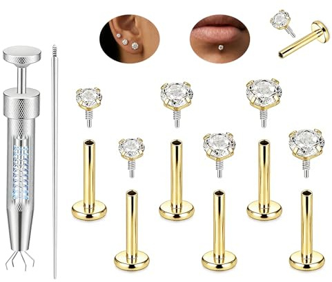 AceFun Joyas Piercing Hélice Dorado Rosca Interna Circón 18G Planos Pasadores Nasales Pendientes Joyas Trago Concha Labret Cartílago para Mujer y Hombre