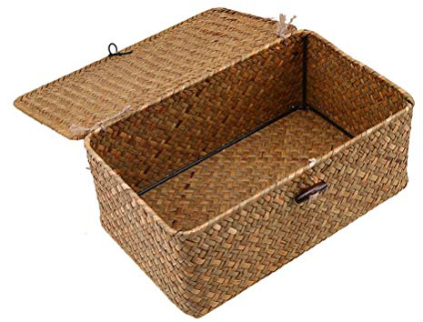 Esoes Aufbewahrungskorb aus Geflochtenem Rattan mit Deckel für Wohnzimmer | Patentiertes Produkt Aufbewahrungsbox mit Deckel Seegras Wäschekörbe Make-up-Organizer für Badezimmer Schlafzimmer Küche (M)