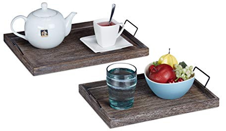 relaxdays, Marrone Set da 2 Vassoi, Shabby Chic, Porta Colazione in Legno con Manici, Piatto, Decorativo