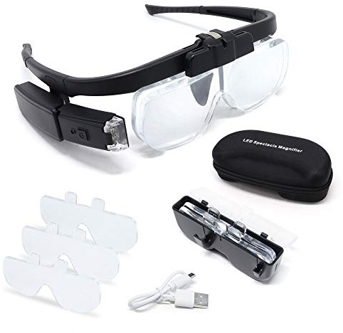 LED Head Mount Magnifier Glasses with 3 Detachable Lenses 2 Led Professional Jeweler Loupe Light USB Rechargeable Hands Free Headband Magnifying Glass for Reading Watch & Electronic Repair Sewing
