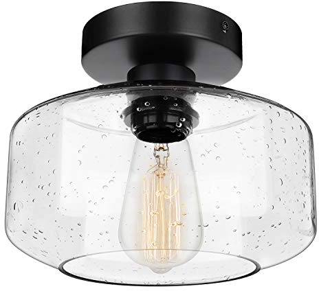 SunRider Industrial Semi-Flush Mount Ceiling Light Seeded Glass Shade Black