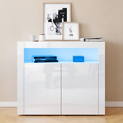 SUNXURY Kommode Weiß Hochglanz,Küchenschrank Sideboard mit LED 2 Türen Griffloses Design für Küche Flur Schlafzimmer 108x92x40cm(B/H/T)