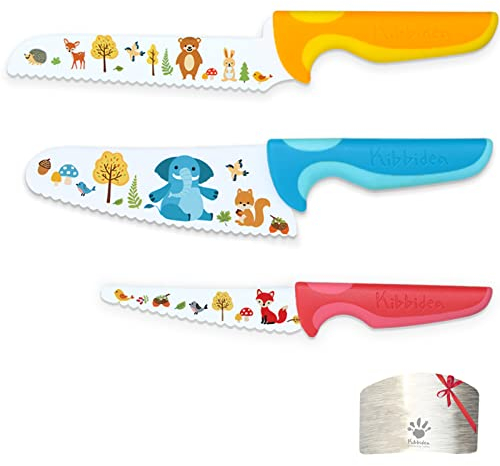 Kibbidea 4 teiliges Kindermesser Set, Sicherheit, Edelstahlklinge, Wellenschliff, Kinder Küchenmesser, Schneiden Lernen zum Schneiden von Obst oder Gemüse, Kinder Messer ab 3 jahre