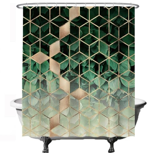 Ulticool duschdraperi – geometrisk grön natur guld lyx – 180 x 200 cm – antimögel – tvättbart – vattentätt – med 12 ringar