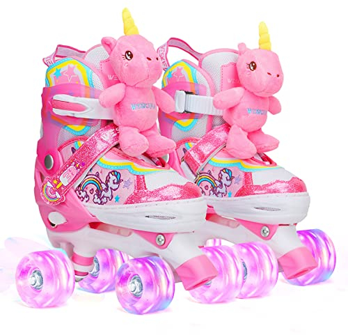 Kinder Einhorn-Puppe Rollschuhe für Mädchen 4 Größen Verstellbar Mit Leuchtenden Rädern Quad Roller Skates für Anfänger Weihnachts und Geburtstags Geschenke S(30~33)