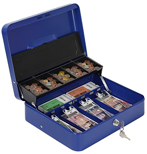 HAITRAL Metallkassette, abschließbar, Geldmünzen, Sicherheitsbox, tragbar, groß, doppellagig, mit festem Münzfach und 2 Schlüsseln, kleine Gelddose, 30 x 24 x 8,9 cm, Blau