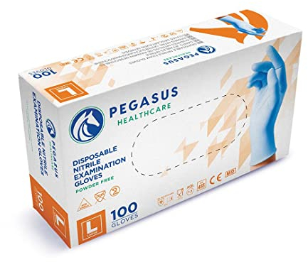 Pegasus Healthcare Pack of 100 Disposable Nitrile Examination Gloves | Latex and Powder Free | Sizes L | Suitable for Medical Clinics, Hospitals, Dentists, Laboratory Use, IT use Etc (Large)