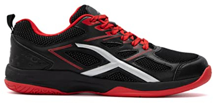 HUNDRED Xoom Scarpe da Badminton Professionali Antitraccia da Uomo | Materiale: ecopelle | Adatto per tennis indoor, squash, ping pong, basket e paddle (nero/rosso, taglia: EU 45, UK 11, US 12)