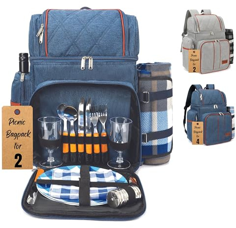 Rnoony Picknickrucksack für 2, isoliertes Picknickkorb-Set mit Decke Blau | Isolierter Picknickkorb Set mit Decke für Paare - Brautpaare & Hochzeitsgeschenke Decke und Besteck Set für Familie, Wandern