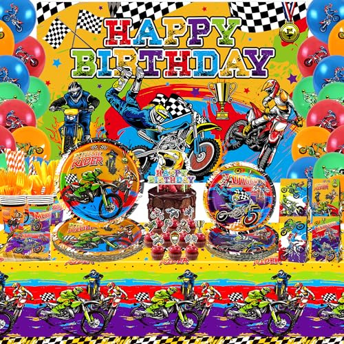 Dirt Bike Party Supplies, Includes Happy Birthday Backdrop, Plate, Napkin, Cups, Cake Toppers, Gift Bags, Tablecloth, for Kids Boys Girls Motorcycle Extreme Sports Theme Birthday Decorations Serve 20