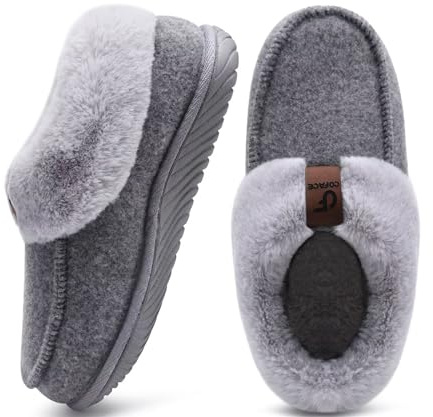 COFACE Women's Arch Support Memory Foam House Slippers Ladies Warm Fuzzy Faux Fur Collar Winter Moccasin Shoes with Orthotic Plantar Fasciitis Indoor Outdoor Hard Rubber Sole Grey Size 9