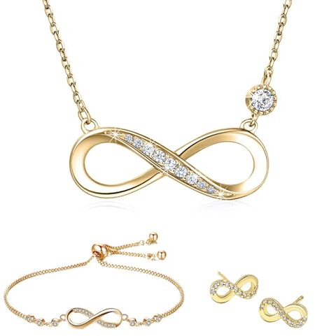 Schmucksets für Damen 925 Sterling Silber Zirkonia Halskette Armkette Ohrstecker mit Anhänger Unendlichkeit Infinity Symbol Verstellbar Armband Halsketten Schmuck-Set für Geburtstag Roségold