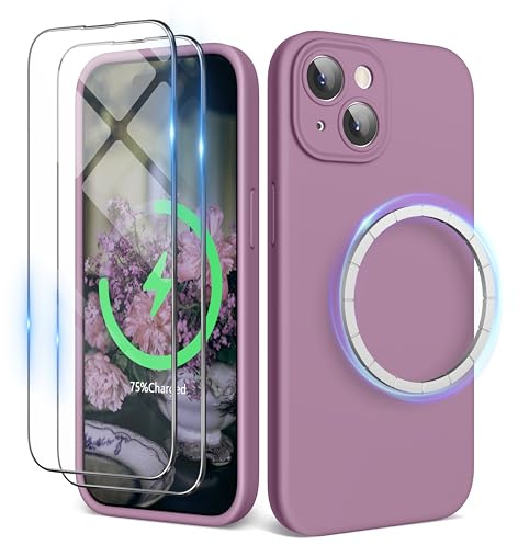 SURPHY für iPhone 15 Hülle Silikon (6,1) kompatibel mit MagSafe mit Displayschutzfolie & Vollständiger Kameraschutz, Handyhülle iPhone 15 Case mit Magnete, Flieder Lila