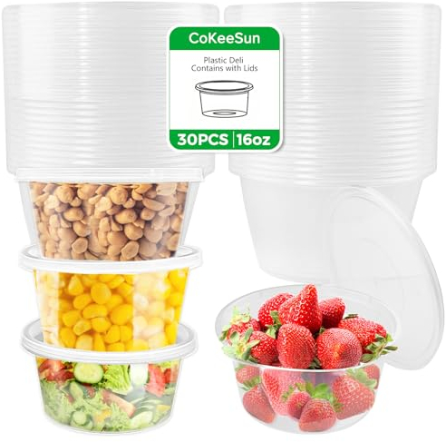 CoKeeSun 30 Pièces Boite Plastique Alimentaire avec Couvercle Reutilisable, 450ml Pots a Sauce Rondes, Transparent Boîte à Emporter Pour Salades, Condiments, Slime, Crèmes, Passe Au Micro-Ondes
