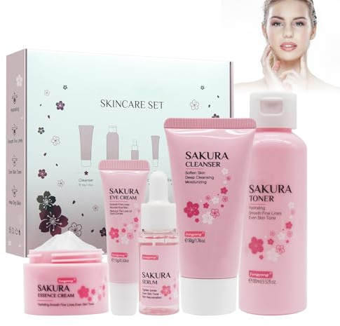 Fengyang® Kit Per La Cura Della Pelle Sakura Da Pezzi Set Per La Cura Della Pelle Sakura Kit Idratante Per La Cura Del Regalo Da Donna Strumento Del Viso Con Estratto Di Fiori Di Ciliegio (5pcs)