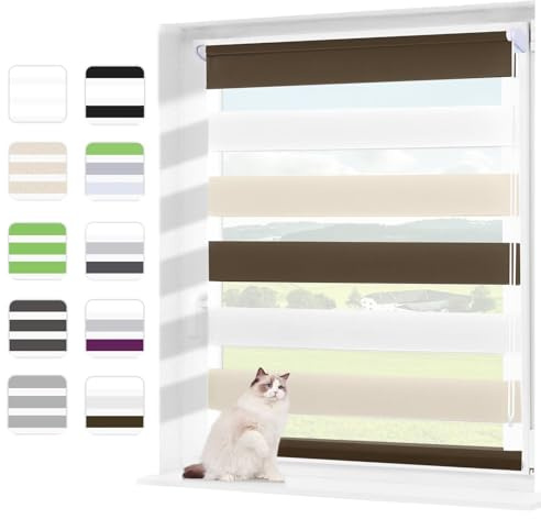 Wudomi Doppelrollo Klemmfix ohne Bohren Weiß-Beige-Braun 75x140cm(BxH),Lichtdurchlässig und Verdunkelnd Duo Rollo,Klemmrollo Seitenzugrollo für Schlafzimmer, Badezimmer, Wohnzimmer Fenster und Tür