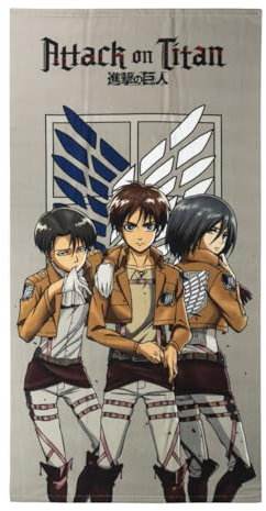 Asciugamano per bambini Attack on Titan - Colore grigio - 70 x 140 cm - Realizzato in 100% poliestere da 240 gsm - Asciugamano piccolo - Stampa Mikasa, Eren e Levi - Prodotto originale disegnato in