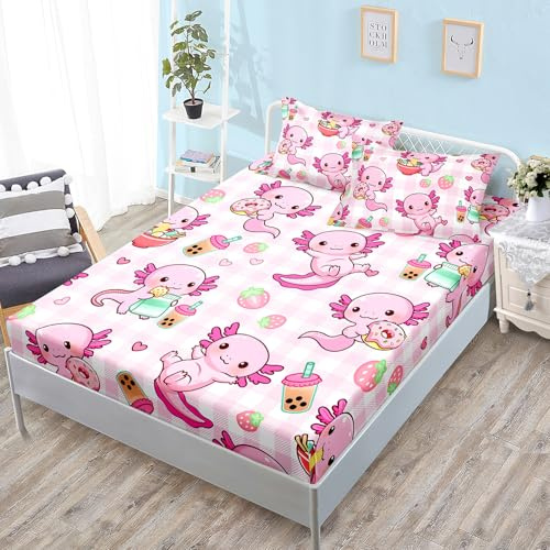 HOSIMA Axolotl Fitted Sheet Set Twin Size for Kids Girls,Pink Cartoon Axolotl Eat Dessert Printing Bedding Set Twin Size for Princess Bedroom Decor,1 Fitted Sheet+2 Pillowcases.