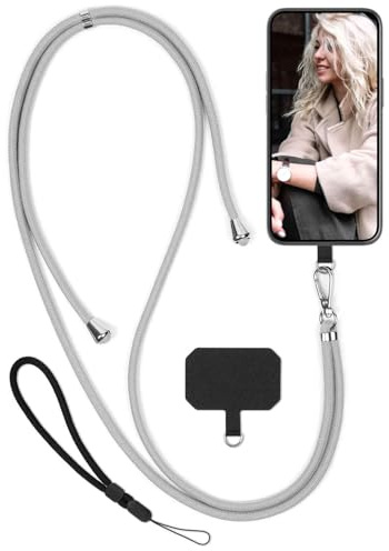 moex Unleash für Samsung Galaxy S24 Handyband zum Umhängen ohne Hülle, Handykette Universal mit Karabiner, Handy Band abnehmbar, Kette mit Pad für Handyhülle, Taupe, Silber