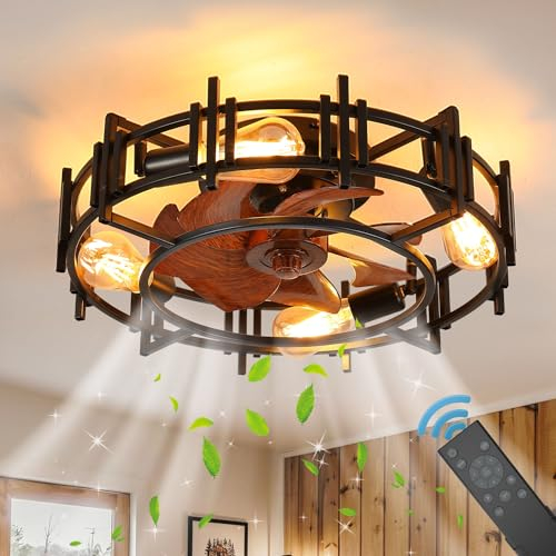 E27 Fan Deckenleuchte Vintage Industrial Deckenventilator mit Beleuchtung und Fernbedienung Leise Lampe mit Ventilator Retro Eisenkäfig Deckenlampe für Schlafzimmer Wohnzimmer Esszimmer Lüfter Licht