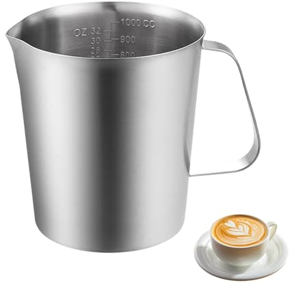 Sporgo Jarra Medidora de Acero Inoxidable de 1000 ml - Medidor de Leche con Marcas para Espuma, Barista, Capuchino, Latte y Espresso