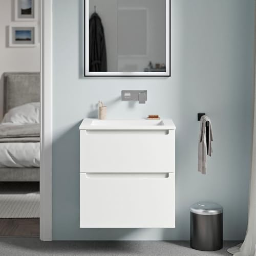 Bernstein Badmöbel-Set Vireo, Waschtisch-Unterschrank mit Mineralguss-Waschbecken 60cm in Weiß matt - Bruxelles - Weiß matt ohne Hahnloch - 2 Schubladen, Badmöbel, 5 Jahre Garantie