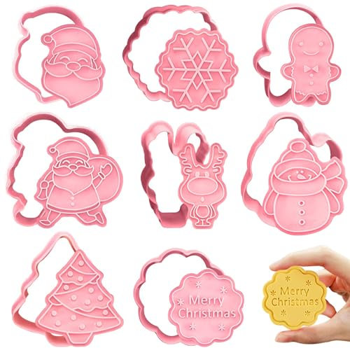 8 Pièces Emporte-Pièces Noël, Emporte-Pièces et Tampons de Noël Pressables 3D Moule à Biscuits pour Noel, Bonhomme de Neige, Père Noël, Renne, Flocon de Neige, Joyeux Noël