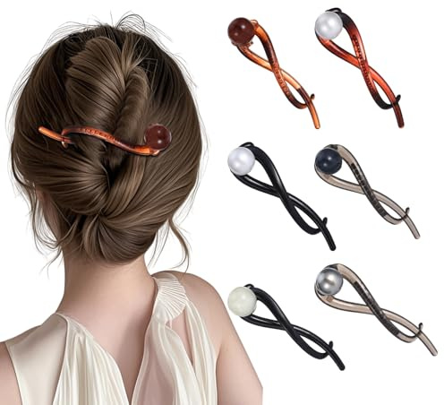 6 Stück Haarspangen Damen,Elegante Haarspange,Perlen Haarspangen,French Hair Pin,Banana Hair Clip,Elegante Perle FranzöSische Haarnadel für Langes Lockiges Haar(Bernstein+Grau+Dunkelgrau+Weiß
