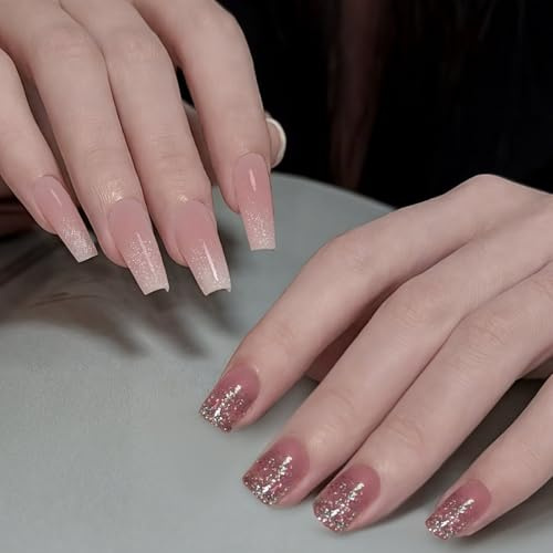 KEYRI 48 Pezzi Unghie Finte Press-on da Donna Nail Art Tip Decor Strumenti | Rosa Nude a Pressione Naturale Manicure Stile French Manicure Lucide e Glitterate Copertura Completa (Rosa, Medio)