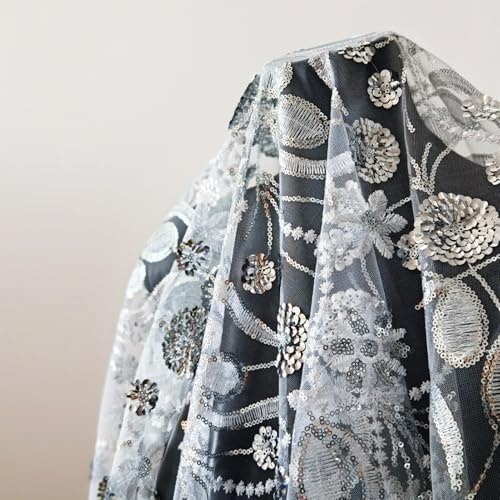 Weißer Spitzenstoff, Stickerei stoff, Französischer Stickereistoff, Glitzernder Tüll stoff, nähstoff, Mesh Blumenstoff zum Nähen von Hochzeits- und Partykleidern (2 Yard Vorschnitt, Moiré)