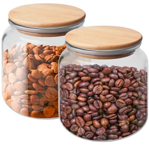 Tarros de almacenamiento con tapas herméticas, 2 x 500 ml de cristal con tapa de bambú, tarros transparentes para cocina y recipientes decorativos para café y especias