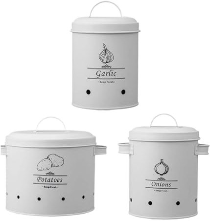 Storage Jars for Metal Vegetable Pots in Retro Style with Ventilation Holes, Food Storage Container for Potatoes, Onions, Garlic, Ideal for Kitchen Organisation