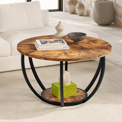 HOMERECOMMEND Round Coffee Table,Couchtisch Rund,2 stufiger Couchtisch mit Lagerung Regale,Wohnzimmertisch,Sofatisch Tische für Heimbüro,Rustikales Braun