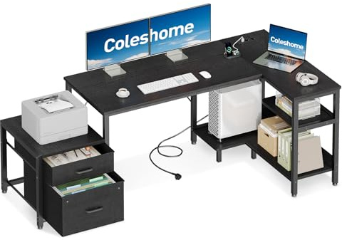 Coleshome Bureau d'angle avec Rangement, 160x80 cm Bureau en L avec Tiroirs en Tissu, Bureaux Gaming avec Prise électrique, Table d'étude Réversible pour Chambre, Negro