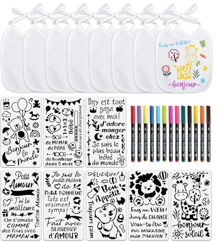 Décoration Bavoir de Bébé 8pcs bavoirs blancs imperméable et 8feuilles Pochoirs de Peinture Réutilisables avec 13 Stylos Textiles de couleur Décoration DIY pour Fête Prénatale Baby shower Naissance