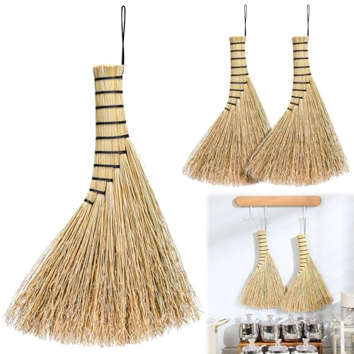 Suclain 2 Pcs Small Corn Whisk Brush Broom 100% Handmade 12 Inch Handheld Brush Whisks Natural Corn Short of Asian Whisk Broom with Nylon Thread Handle for Household Sweeping Indoor Outdoor (Style B)