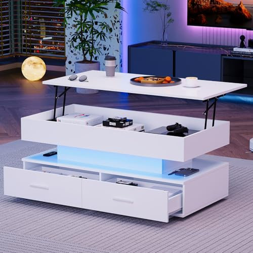 KEFURNI LED Couchtisch 100x50x44 cm, Kaffeetisch mit hydraulischer Höhenverstellung und APP-Bluetooth-Steuerung, Beistelltisch mit Zwei Schubladen und offenem Stauraum, Weiß
