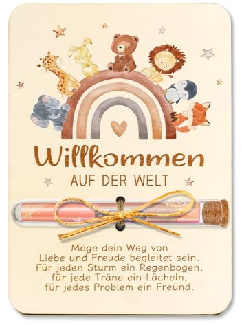Geschenke zur Geburt Junge Mädchen, Geldgeschenk Verpackung Holz | Personalisierte Baby Geschenk mit Reagenzgläser und Karte, Regenbogentiere Geburtsgeschenk Babygeschenke