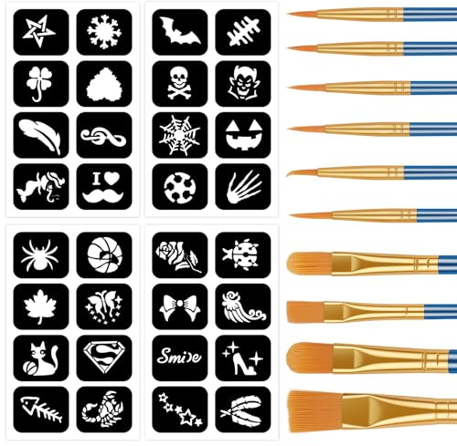 Alaoo Basics Künstlerpinsel im Set, Künstlerpinsel, Schwarz | 10 Stück Runde Flache Pinsel Kinderfür Kinder Erwachsene mit 4 Tattoo Schablone für Party Fasching Weihnachten Halloween