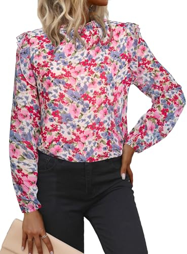 Simplee Womens Floral Boho Tops Trendy Long Sleeve Dressy Mock Neck Ruffled Blouses Business Teacher Shirts Multicolor Pink, M