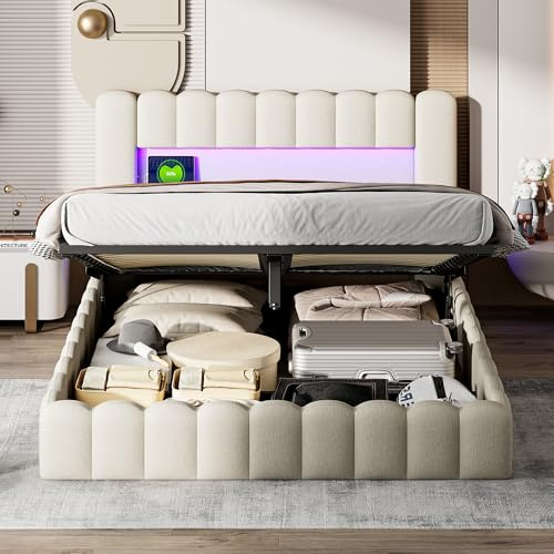 Bubble Bed Lit Double Rembourré 180 x 200 cm lit Coffre avec Fonction de Charge USB et éclairage LED lit Pour Adolescent avec Espace de Hydraulique Rangement (Sans Matelas) (Beige, 180 x 200 cm)