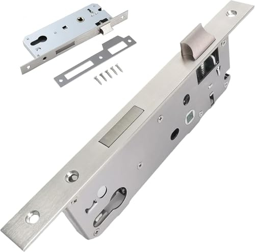 Serrure à encastrer, serrure portail exterieur, Entraxe 85 mm, Têtière 240 x 22 mm, Acier inoxydable, Gâche assortie, Vis de fixation incluses,Serrure pour porte aluminium