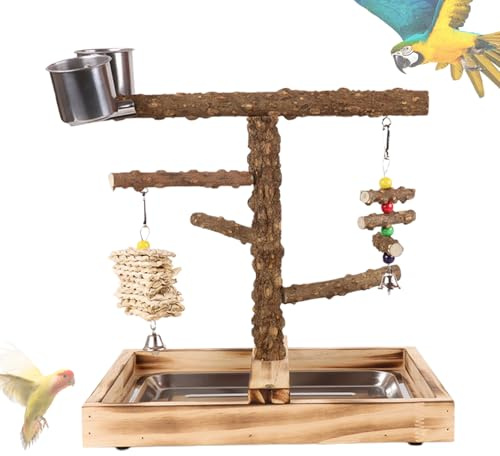 Vogel Spielplatz | Vogel Spielständer mit Futternäpfen | Zubehör für Sitzstangen und Holzspielzeug für Füttern und Spiel draußen und drinnen für Kanarienvögel, Sittiche und