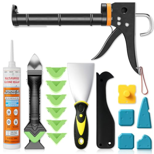 Professional Caulking Gun Kit, 5-in-1 Caulk Tool & White Silicone Sealant | Silicone sealant gun set with sealant finishing tools for caulking removal in bathroom, kitchen and window