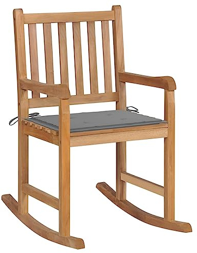 HaoChrymec Mecedora con Cojín, Silla Mecedora de Teca Maciza para Interior y Exterior, Respaldo de Listones y Estructura Resistente, Sillón Balancín con Cojín Gris,Terraza o Salón, 58 x 92.5 x 106 cm