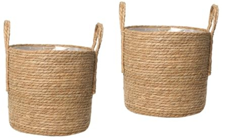 VICASKY 2 Pièces Panier de Rangement Paille Tressée avec Doublure Étanche Cache-Pot Intérieur Polyvalent pour Fleurs et Plantes Décoratives pour Maison Bureau et Cuisine