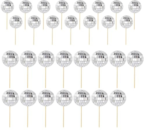 30-Pack Silver Mini Disco Ball Cake Decorations with Bamboo Sticks for Dessert Topping and Party Themes