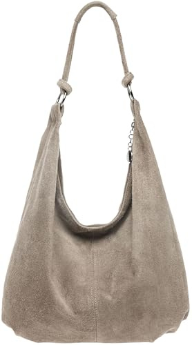 Caspar Große Damen Vintage Veloursleder Tasche Samtweiche Schultertasche aus Leder - CLASSIC LINE - Modell No.617 - Made in Italy, Farbe:grau beige