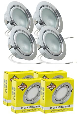 JungesLicht - 4x Halogen Möbeleinbauleuchte 12V G4 20W, Bohrloch 55-60mm passend, Tiefe 23mm, Außen 73mm, Chrom (Halogenleuchtmittel inklusive, LED geeignet), dimmbar, Möbelleuchte, Spiegelleuchte