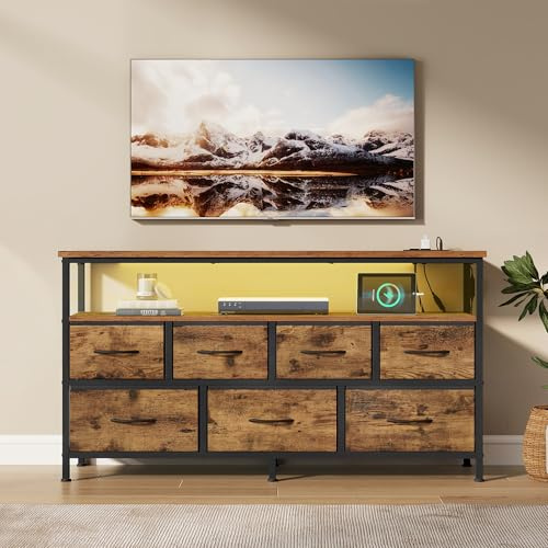 SONGMICS Chest of Drawers with App-Controlled Adjustable LED Lights, Dresser Unit with Charging Station, 1 Shelf, 7 Drawers, Industrial, Rustic Brown and Ink Black BELLAH Collection LGS733KD03